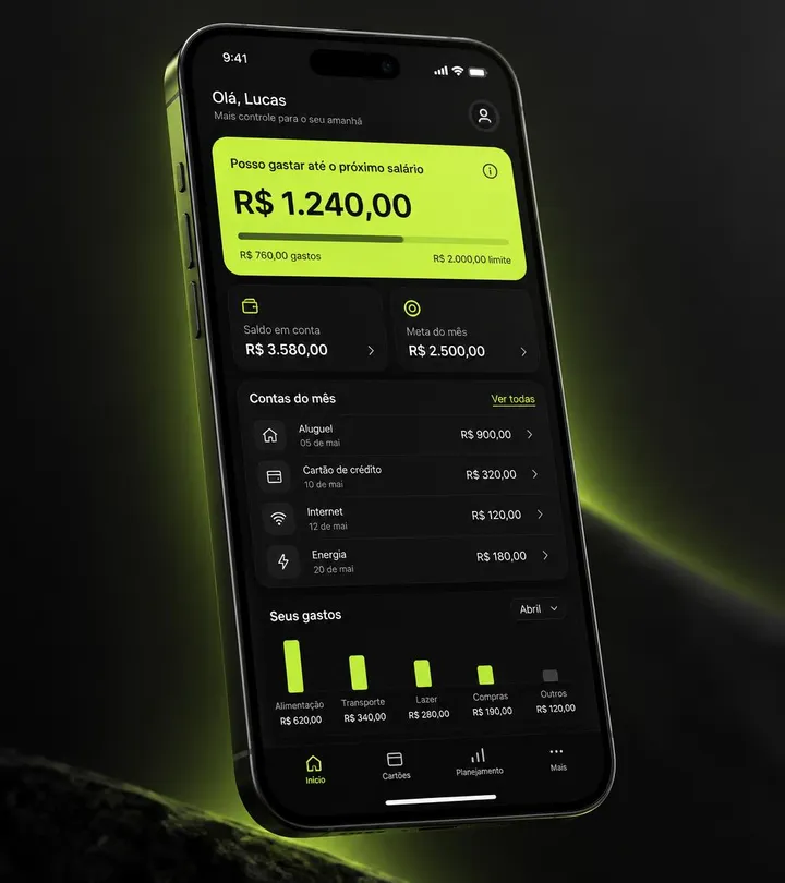 Celular com o Cascai mostrando quanto pode gastar até o próximo salário (dados fictícios)